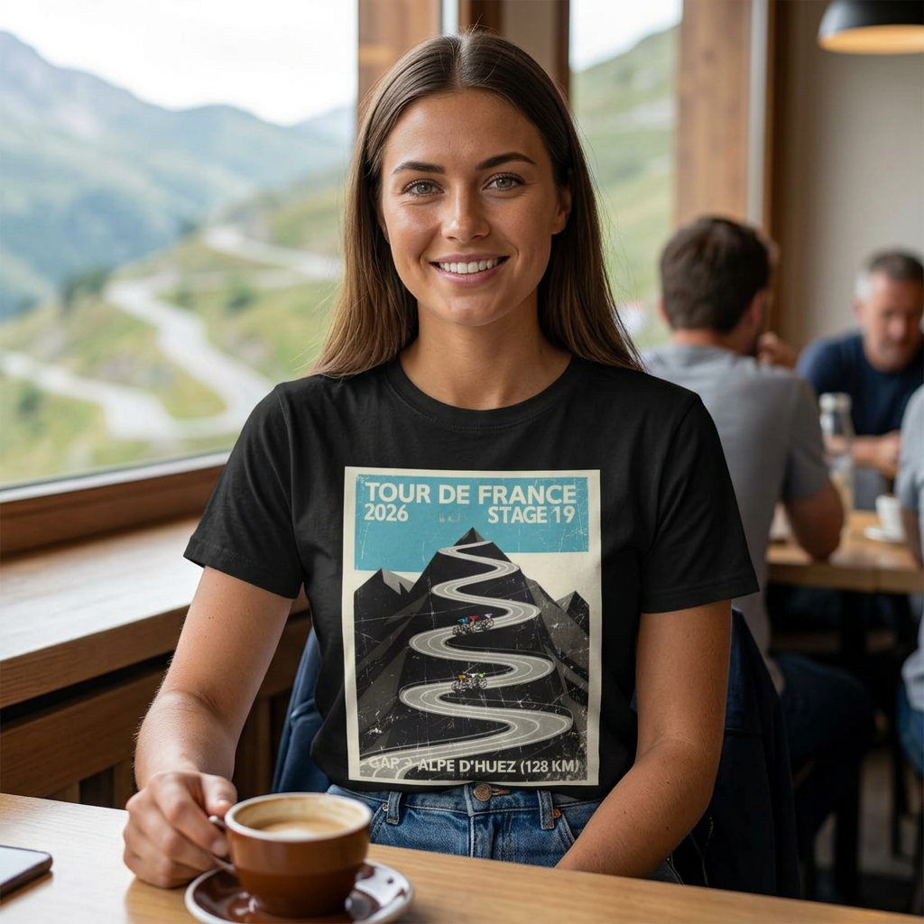 Tour de France 2026 Stage 19 Gap > Alpe d'Huez T-Shirt | Hairpin Geometry, Bold Sans-Serif